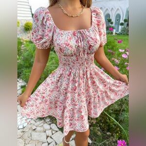 Floerns Women's Boho Square Neck Puff Short Sleeve Self Tie Front A Line Dress